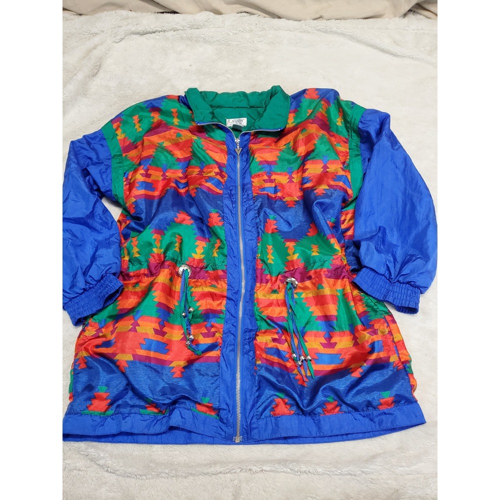 Vintage Lavon Blue Green Red Aztec Native Windbreaker Jacket Medium Retro 90s